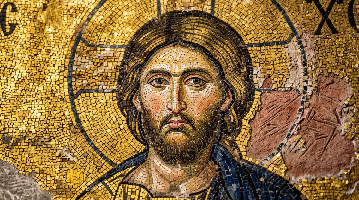 Detail of the Deesis mosaic in Hagia Sophia, showing the face of Christ Pantocrator worked in gold tesserae
