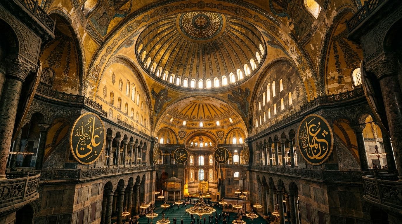 The great dome of Hagia Sophia seen from inside, its ring of forty windows glowing above the nave