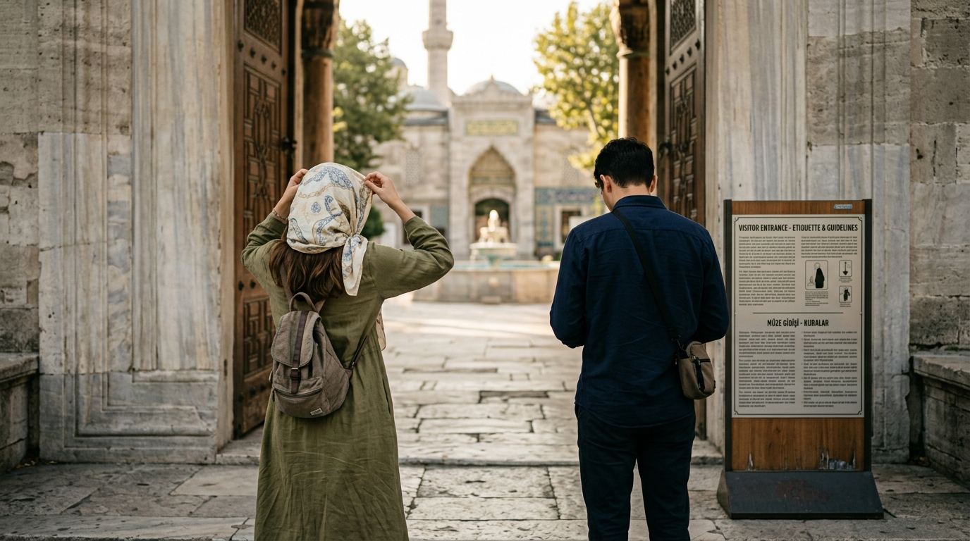 Modestly dressed visitors with covered shoulders and headscarves at a mosque entrance in Istanbul