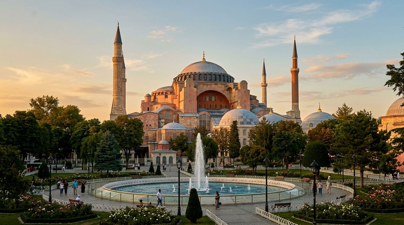 Exterior of Hagia Sophia in Istanbul glowing pink and gold at golden hour, with its dome and four minarets