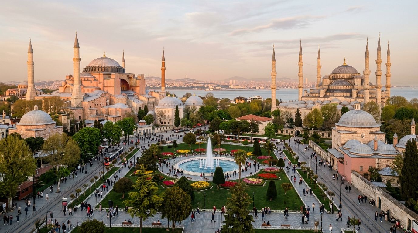 Sultanahmet Square in Istanbul with Hagia Sophia and the Blue Mosque facing each other across the gardens